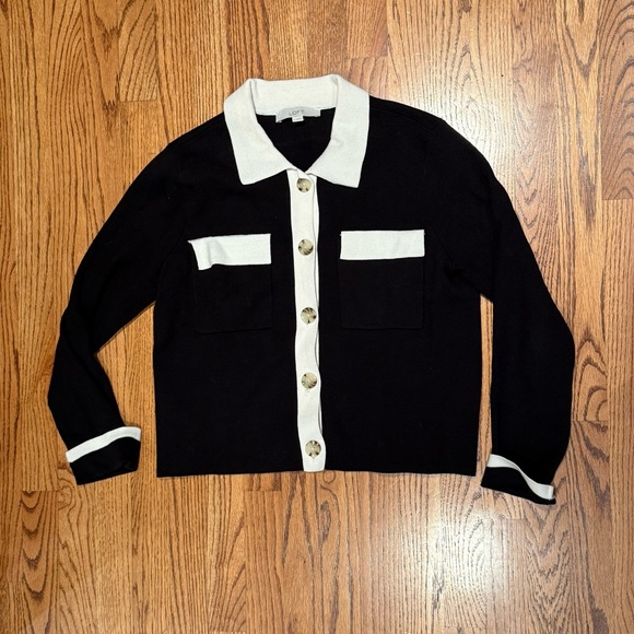 LOFT Black Tipped Sweater Jacket White Contrast Trim Collared Size Medium - Picture 2 of 2